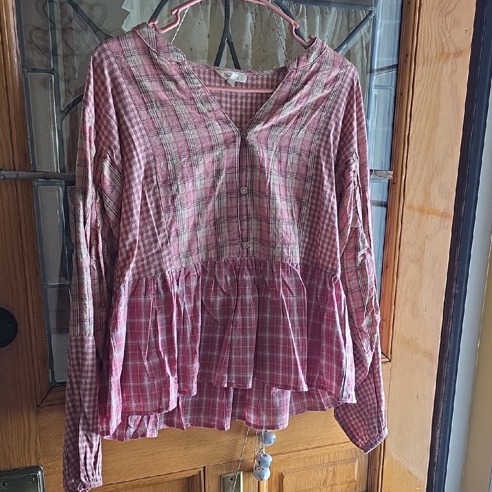 Easel Hippie Boho Pink Plaid Women's Blouse